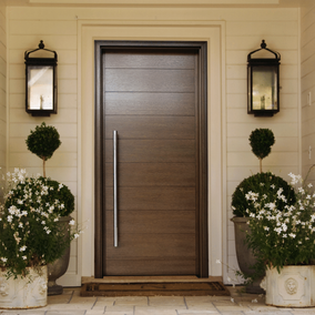 Modern entrance with a DSA Milan solid panel door in a rich wood finish, flanked by decorative potted plants